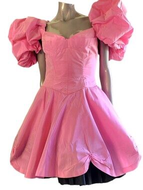 $2,400 VICKY TIEL COUTURE PINK SILK Puff-Sleeve Midi Dress US M